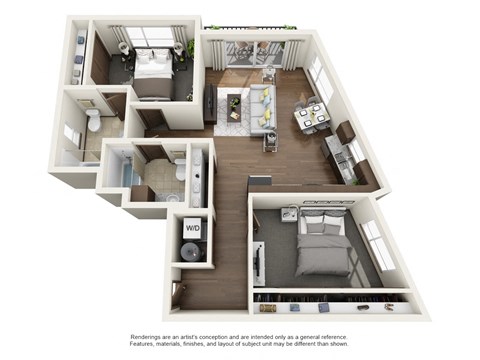 Floor plan for 2 beds, 2 baths, 1033 sqft